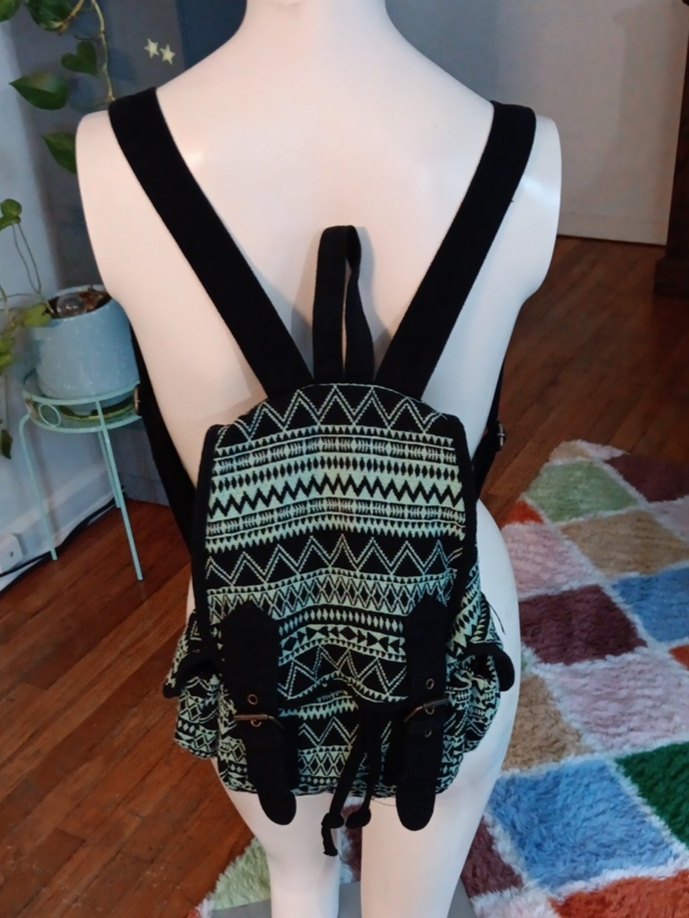 Tribal Print Canvas Backpack in Black and Mint